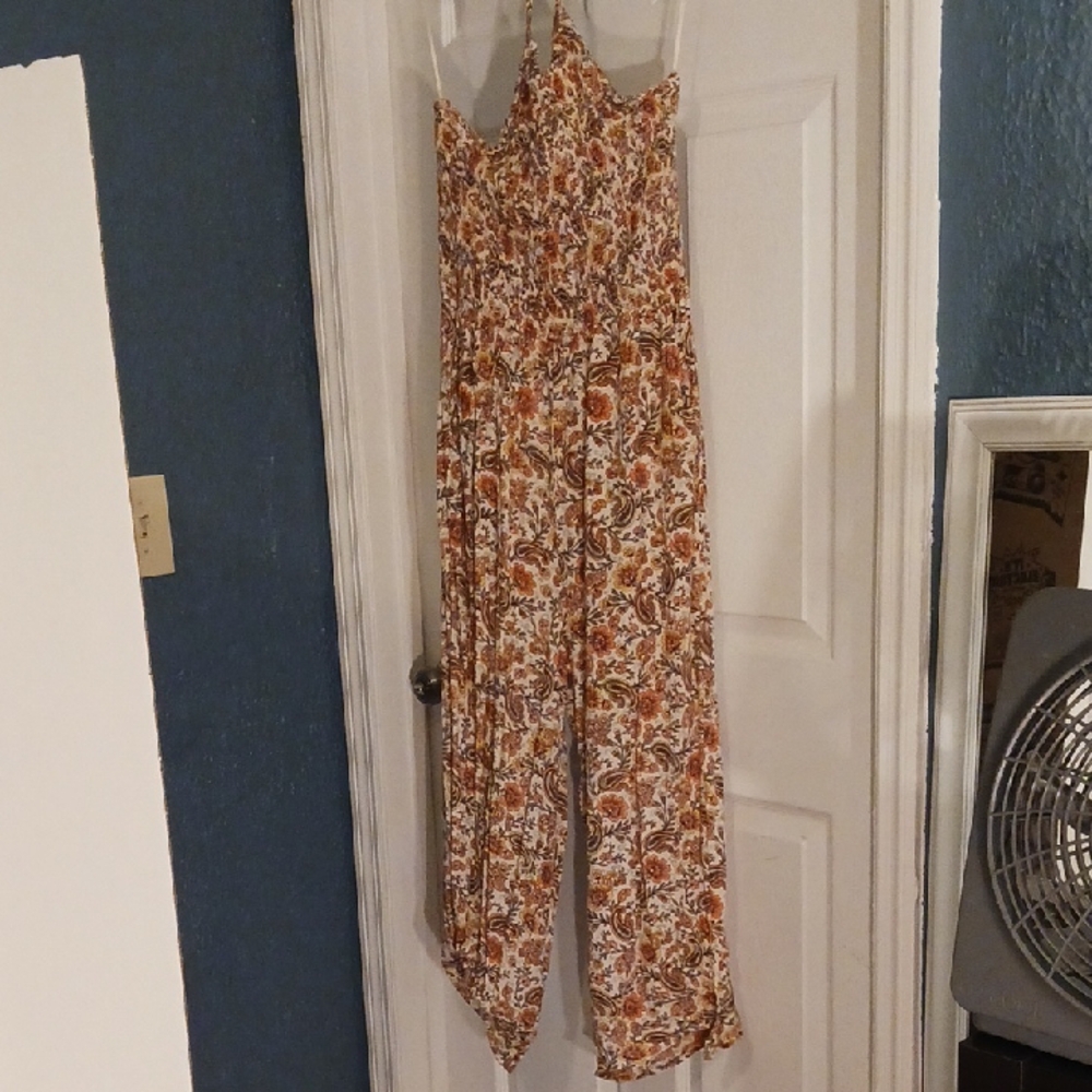 Floral Spaghetti-Strap Wide-Leg Jumpsuit in Rust Floral